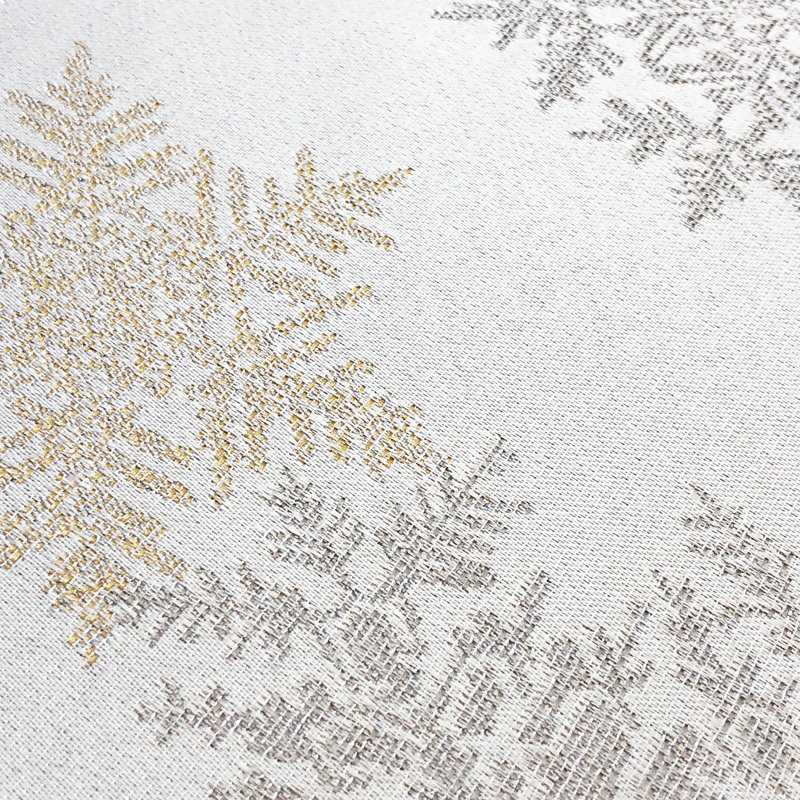 Holiday Silver Gold Snowflakes Metallic Jacquard Woven Tablecloth, 70” Round, Ivory
