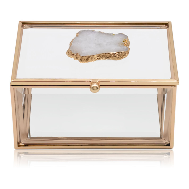Rectangular Glass Jewellery Box in Gold with Agate Crystal