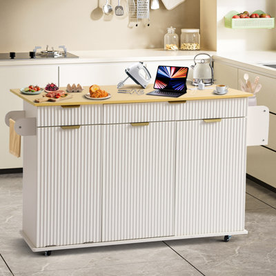 Kitchen Island Cart With Drop Leaf, Rolling Kitchen Cart With Cabinets, Drawers, Spice & Towel Racks, Trash Can Storage, Built-in Power Outlet
