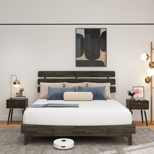 Caden Solid Wood Platform Bed with Adjustable Headboard, Mid-Century Modern
