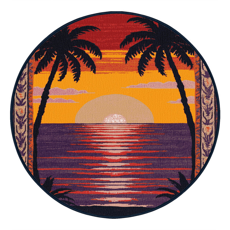Washable Tropical Sunset Hawaiian Area Rug, Round 3'