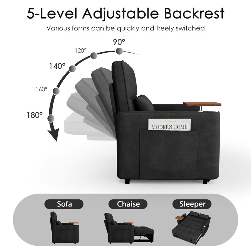 Canapé-lit 46 po escamotable pliant, petit canapé-lit convertible avec table d'appoint et port USB latéral, Noir