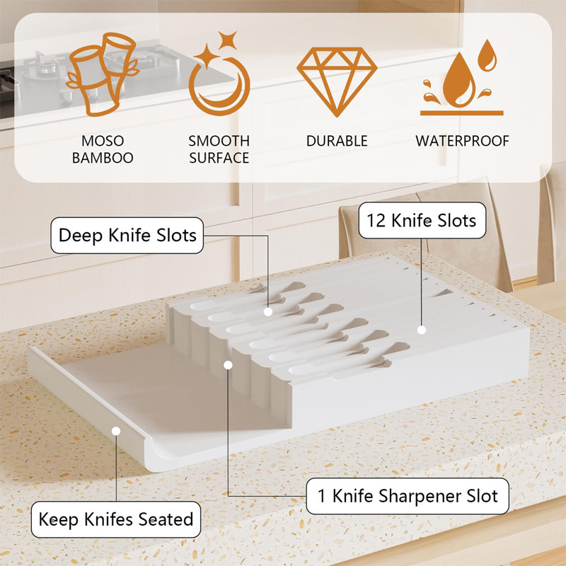 Bamboo In-Drawer Knife Block, White