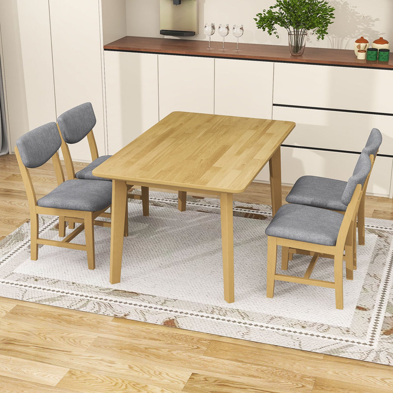 Ensemble de table de salle à manger 5 pièces, table rectangulaire avec pieds en bois massif et chaises rembourrées, Naturel