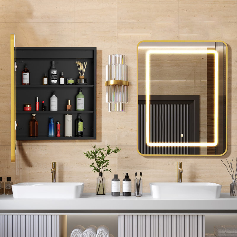 W H Framed Medicine Cabinet Mirror Fixed, Gold, 30" H x 24" W x 5" D