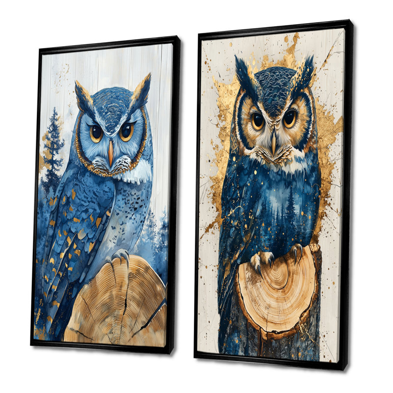 Hibou dans la forêt de Saphir, paysage I - animaux, impressions sur toile, collection 2 panneaux, H 28 po x l 25 po