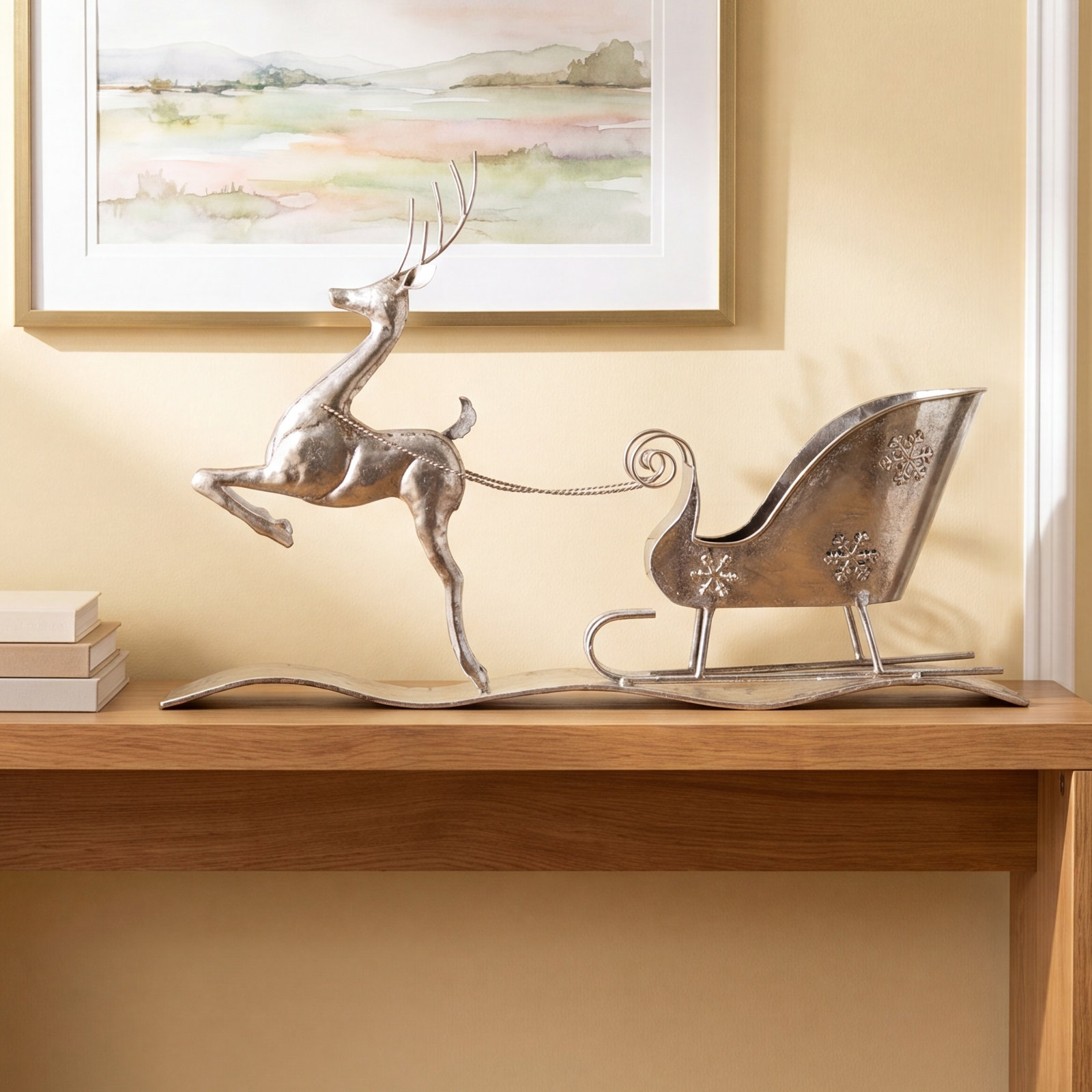 Hammered Metal Reindeer with Sleigh 25.5"L