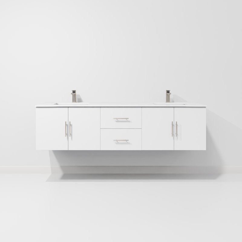 Ensemble de meuble-lavabo double mural 72 "Geneva, Blanc lustré, Marbre de culture blanc