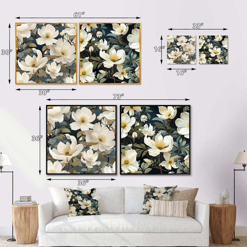 Menifee - Ensemble de 2 collages carrés floraux, Cadre flottant doré, H 36 po x l 73 po