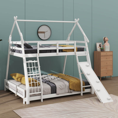 Twin-Over-Queen House-Style Bunk Bed With Climbing Nets And A Climbing Ramp by Harper Orchard