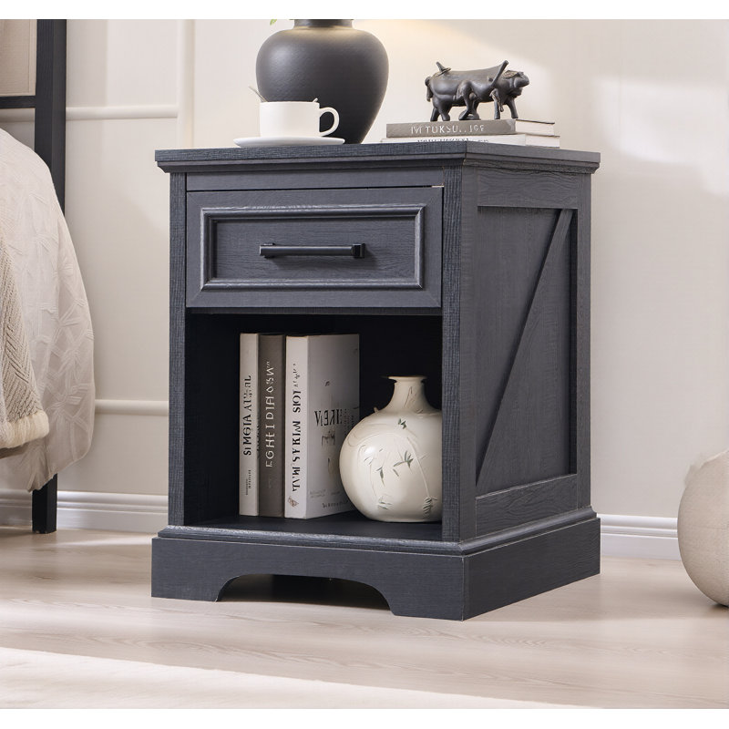 18'' Farmhouse Nightstand with Charging Station and Drawer, End Table with Open Shelves, Black