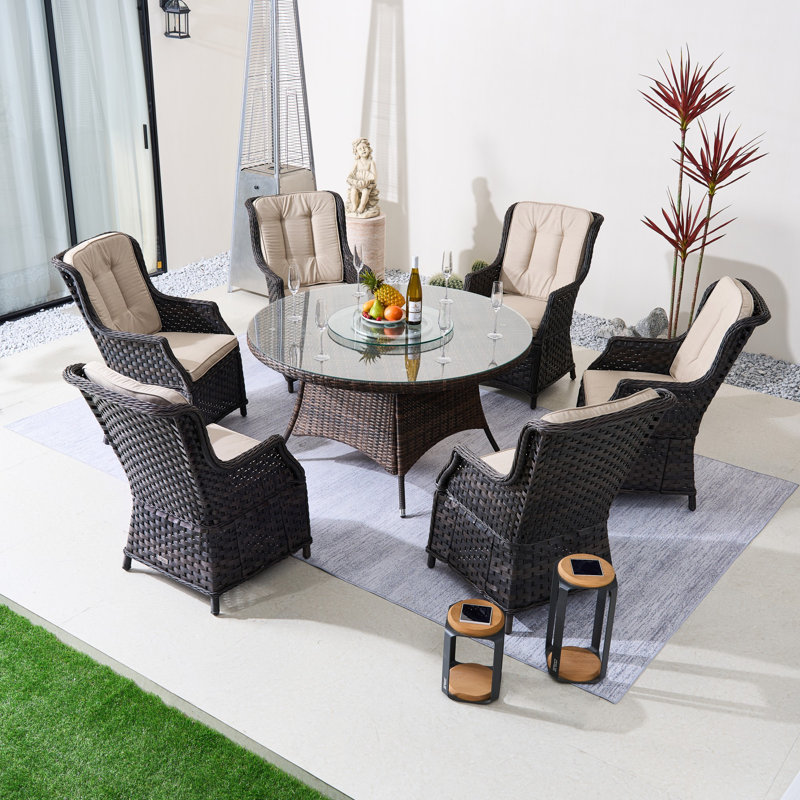 Round Outdoor Dining Set With Cushions, 6, Beige/Brown