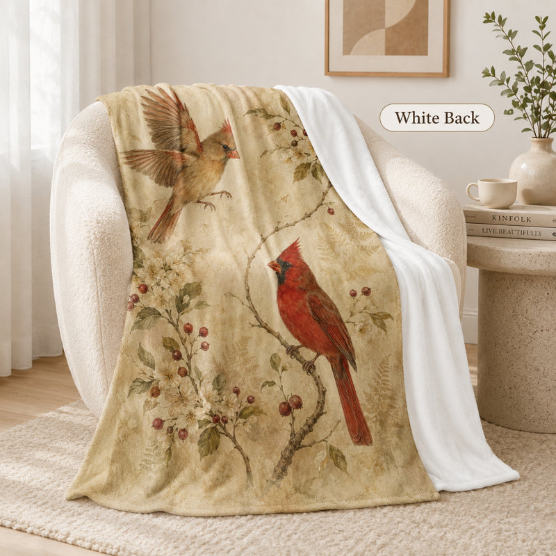 Jeté cardinal beige rétro avec oiseaux rouges et brun clair, branches de fleurs blanches et fond vieilli, accent de flanelle pour canapé et chambre à coucher, 30 po x 40 po