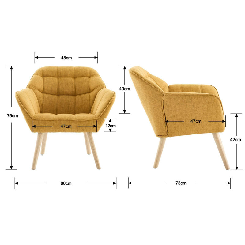 Linen Armchair Upholstered Accent Tub Chair With Wood Legs, Leisure Single Sofa Chair For Living Room/Bedroom, Yellow