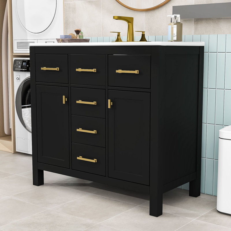 Élégant meuble-lavabo en bois avec lavabo brillant et grand espace de rangement, Noir