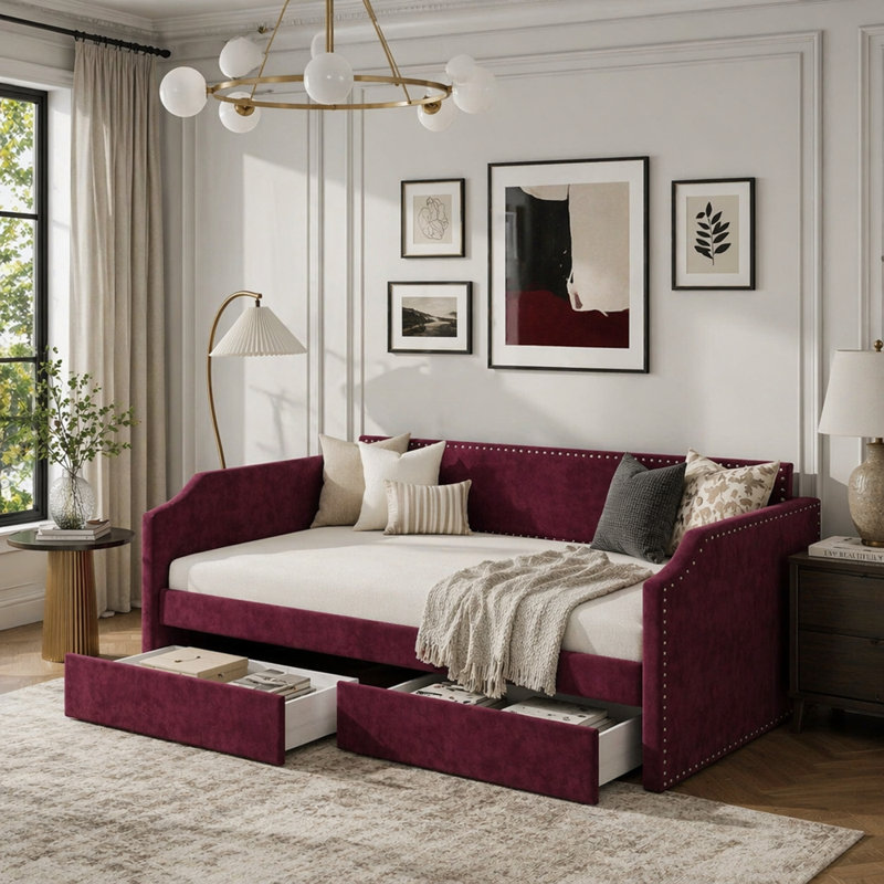 Lit de jour simple en velours rembourré avec 2 tiroirs, Wine Red