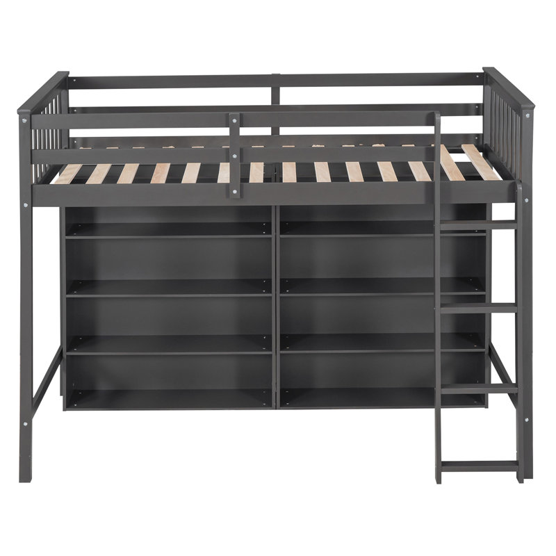 62.2''H Wooden Loft Bed with Storage Shelves,Space Saving Design Bed with Built-in Ladder, Twin, Gray