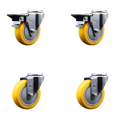4 Inch Yellow Poly Wheel Swivel Bolt Hole Caster Set with 2 Posi Lock Brakes SCC