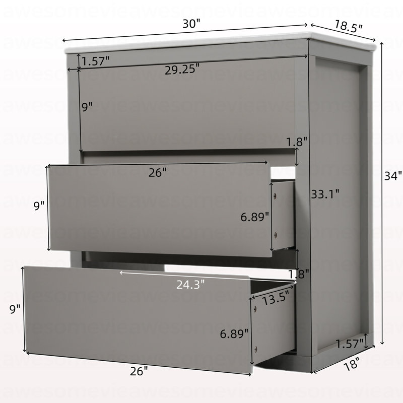 Meuble-lavabo 30 po avec lavabo en céramique et 2 tiroirs pleine extension, meuble-lavabo autoportant avec poignée libre à 45 °, glissières de tiroir à fermeture en douceur, gris