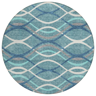 HomeRoots 8' Teal Blue Navy Blue And Grey Round Abstract Washable Indoor Outdoor Area Rug