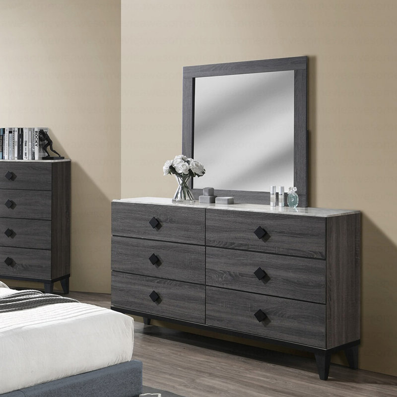 Commode de meuble de chambre à coucher moderne de conception moderne avec 1 seule poignée de poignées et 6 tiroirs avec plateau de rangement en faux marbre gris