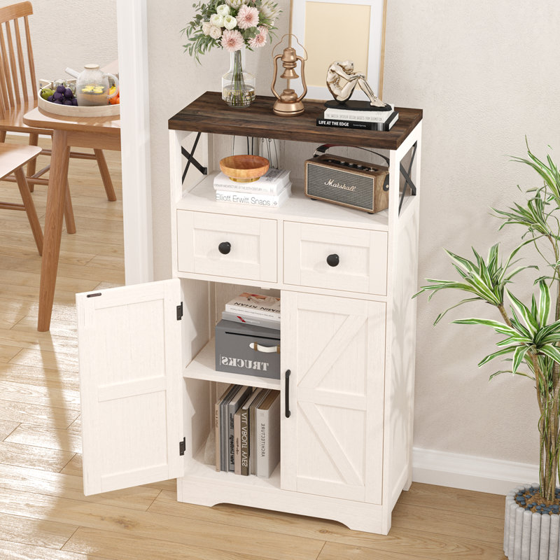 Farmhouse 42.5" H Storage Cabinet with 2 Doors, 2 Drawers & Adjustable Shelf, White/Brown