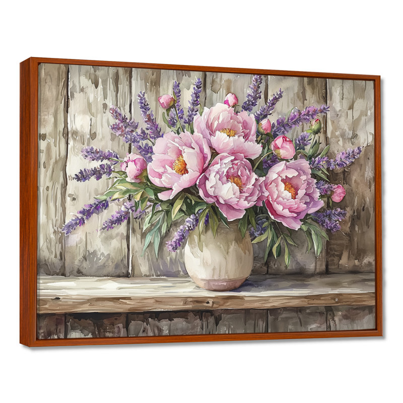 Dondrea pivoines et lavande Bouquet I - pivoines, art mural, Brun, Impression encadrée flottante, H 16 po x l 32 po