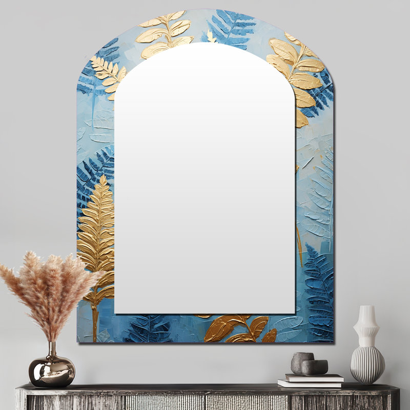Symphonie bleue et dorée, fougère symphonique VII, miroir mural asymétrique bleu, impression sur métal, 43 po x 33 po