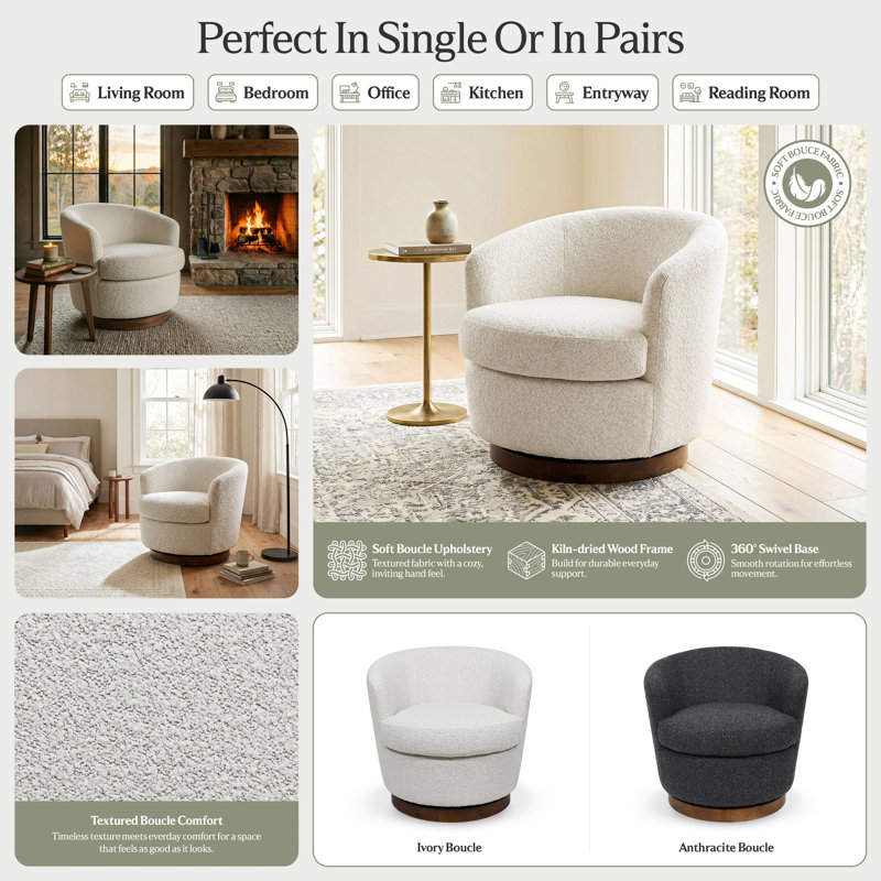 Boucle Swivel Barrel Accent Chair with Wood Base, Fully Assembled, Ivory