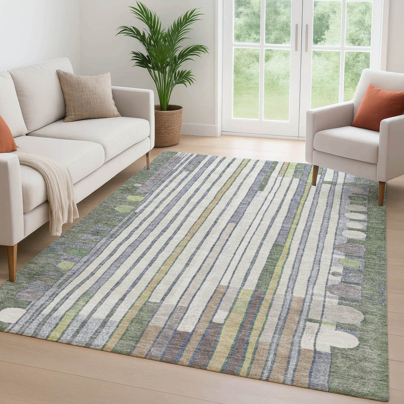 Premium Machine Washable Mayfield AMF2189 geometric Rug, Olive, 2'6" x 3'10"