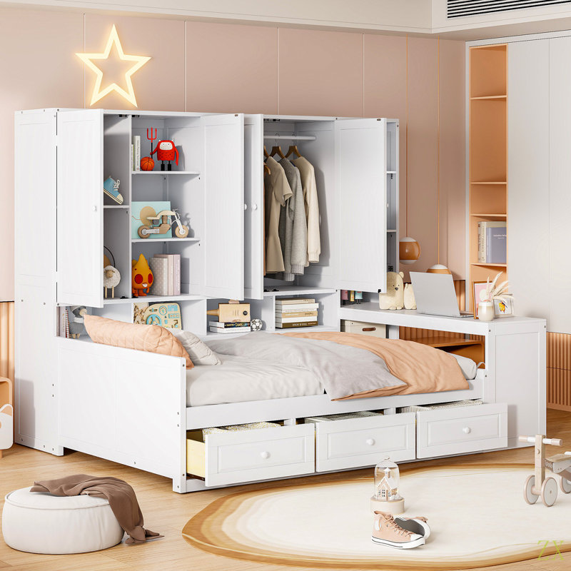 Lit de jour en bois pleine grandeur avec trois tiroirs, armoire tout-en-un, bureau et tablettes, Complet/Double, Blanc