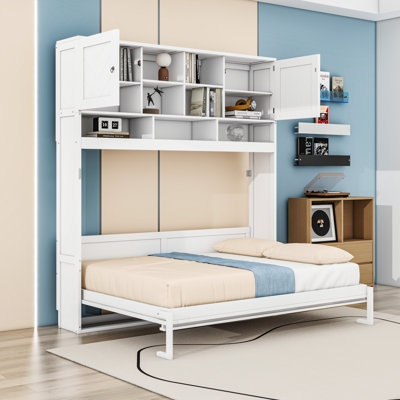 Grand lit escamotable mural avec tablettes de rangement, système de levage hydraulique