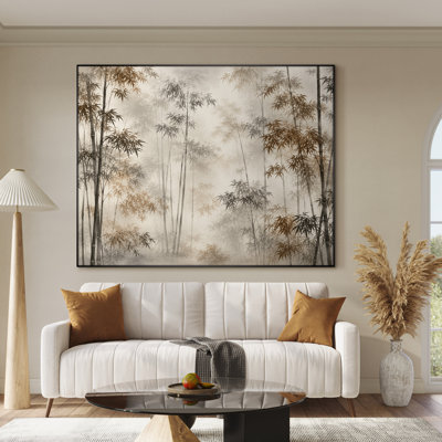 Très grand imprimé sur toile - Forêt de bambou brumeux avec un paysage de nature asiatique minimaliste dans des tons neutres pour le salon ou la chambre à coucher «Assemblage requis (cadre non fini)»