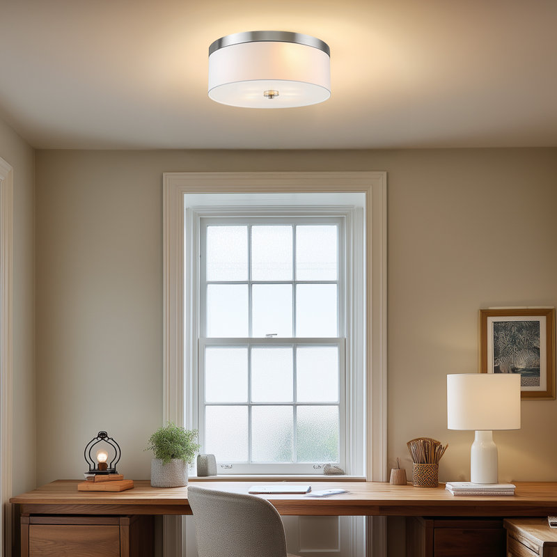  Plafonnier encastré 3 lumières de style Mid-Century moderne de 15 po avec abat-jour en tissu blanc et diffuseur rond en verre de style marcheur, finition nickel brossé