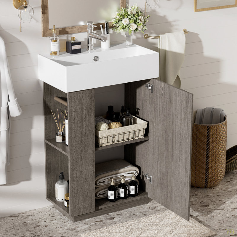 Meuble-lavabo de 21,6 po avec lavabo en céramique, armoire à grain de bois moderne à porte droite avec rangement ouvert et fermé