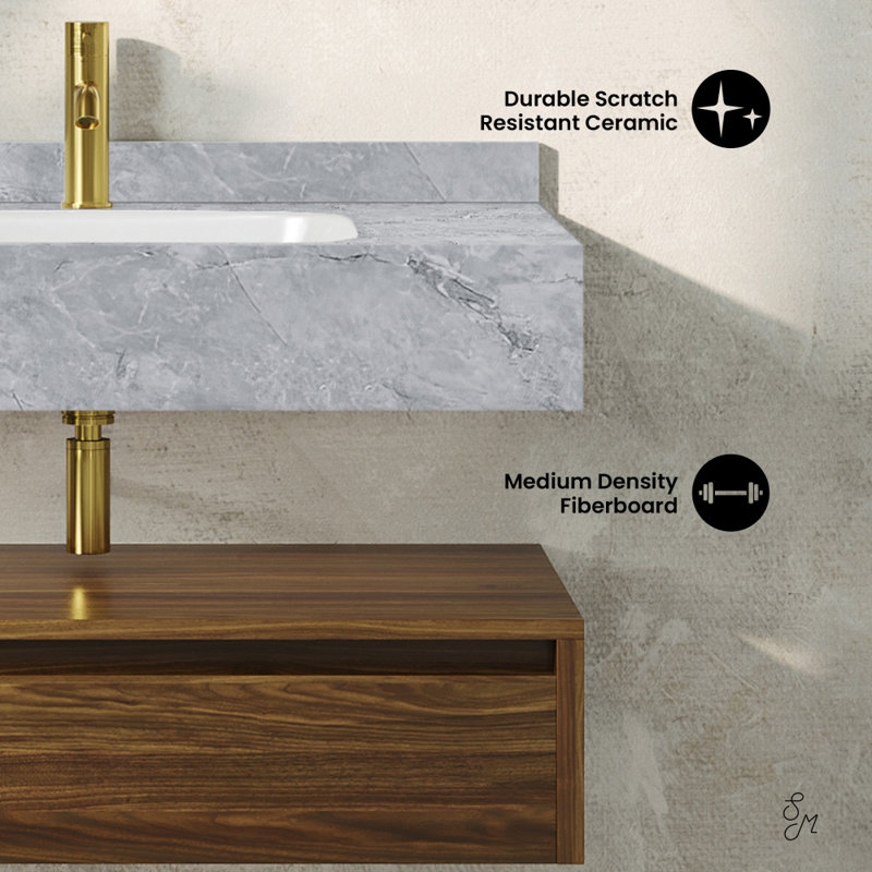 Meuble-lavabo mural 36 po Avancer en chêne naturel avec plateau en marbre noir Avancer, Gris, Chêne brun