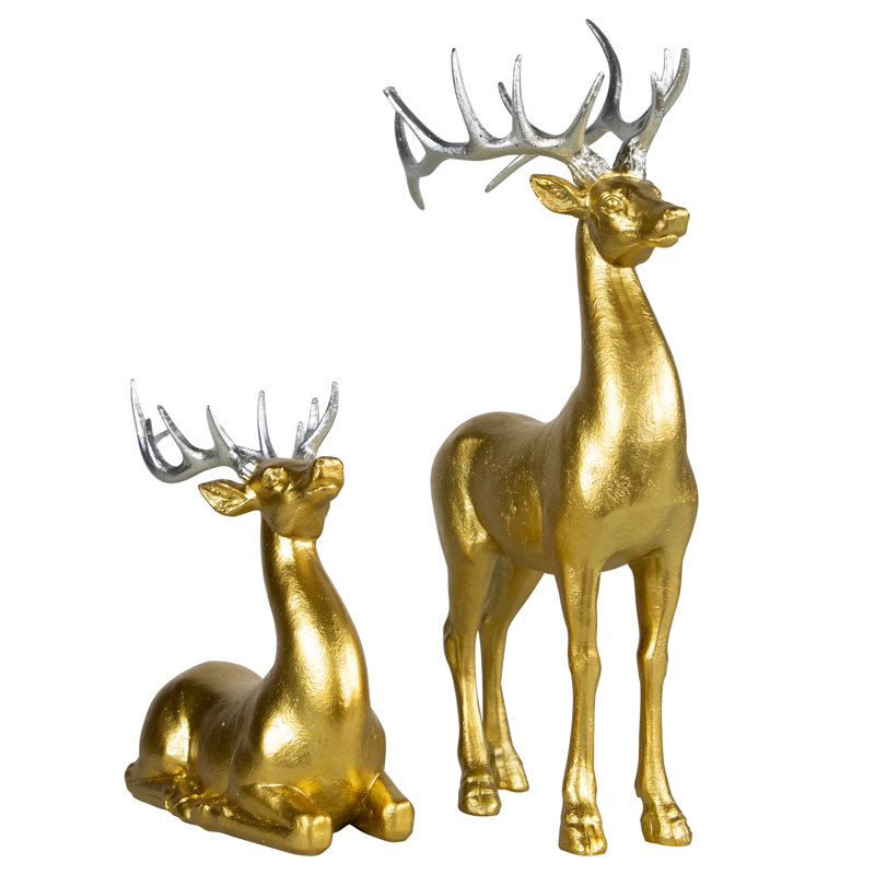 Standing And Sitting Reindeer Christmas Figures - Gold - Set Of 2