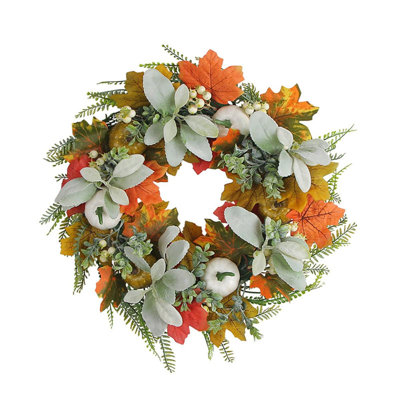 17.7" Fall Pumpkin & Maple Leaf Wreath with Lamb's Ear - Neutral Autumn Harvest Door Decor