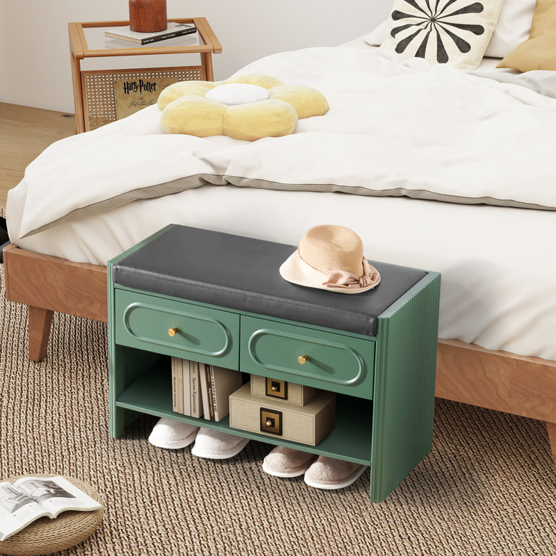 4 Pair Upholstered Shoe Storage Bench, Green