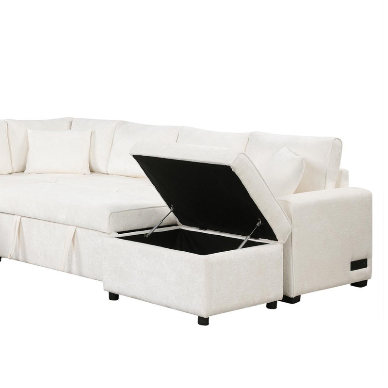 Cream Chenille Sectional Sleeper Sofa Bed With Usb & Storage Ottoman, Cream Chenille