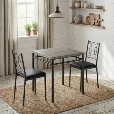 Farmhouse 3-Piece Dining Table Set for 2, Wood Kitchen Table with Upholstered PU Chairs, Space-Saving Apartment Furniture