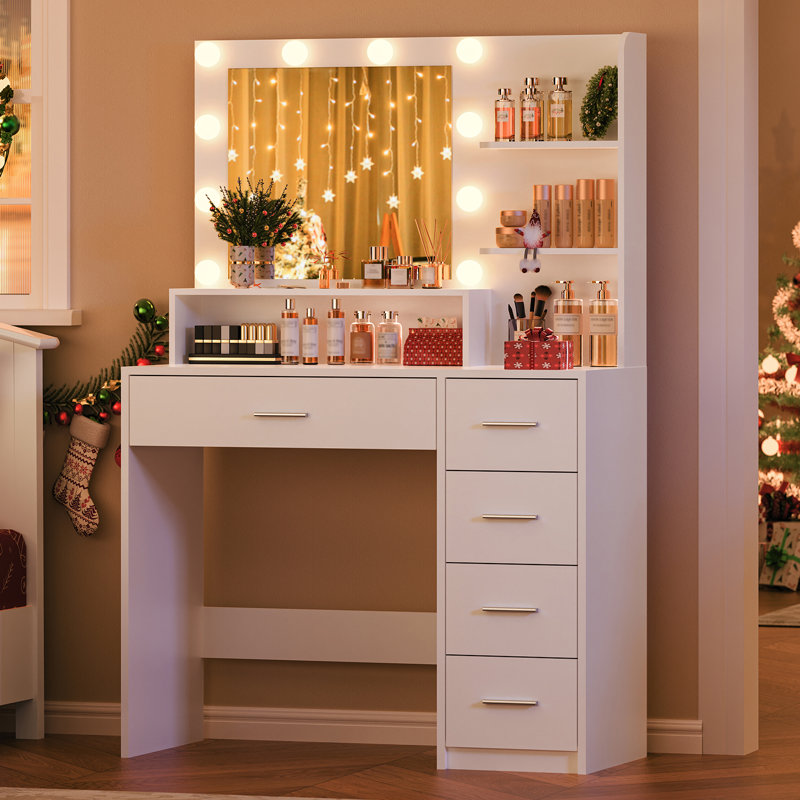 Bureau de meuble-lavabo avec miroir et lumières, meuble-lavabo de maquillage avec 5 tiroirs et 3 tablettes de rangement, 3 modes de couleurs et une coiffeuse à luminosité réglable, bureau de coiffeuse pour la chambre à coucher