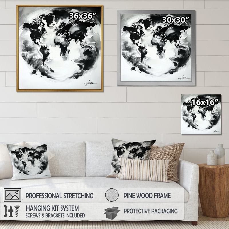 Carte des océans - carte du monde, art mural, H 16 po x l 16 po, Reproduction encadrée d'une seule photo sans pass, Noir