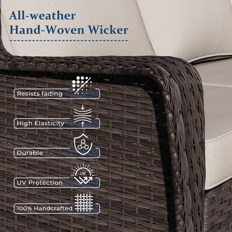 5-Person Patio PE Wicker Furniture Set with Side Table, 3-Seat Sofa, 2 Armchairs and 2 Ottomans with Beige Cushions, Beige