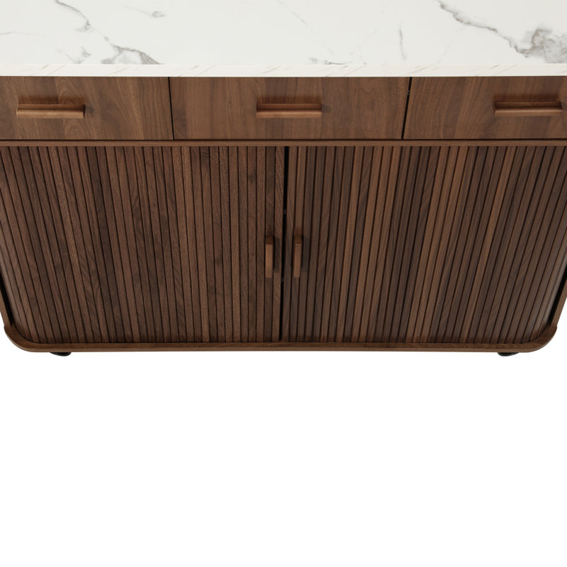 Îlot de cuisine à roulettes avec abattant, prise électrique et porte coulissante, Brun