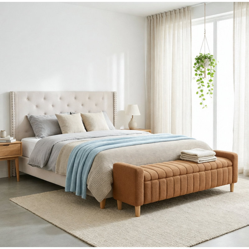 Banc de bout rembourré de 63,3 po de largeur pour entrée de chambre à coucher, salle à manger et salon, Caramel