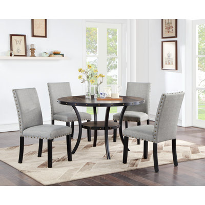 Modern Classic Dining Room Furniture Wooden Round Dining Table 4X Side Chairs Nail Heads Trim And Storage Shelve 5Pc Dining Set -  BOMO, JJ-MX-24032274