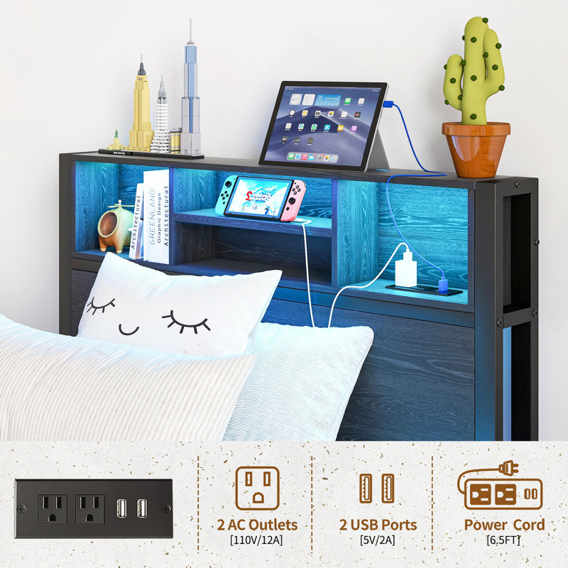 Structure de lit simple avec tête de lit, lit plateforme en métal avec station de charge, rangement pour bibliothèque, aucun sommier requis, assemblage facile