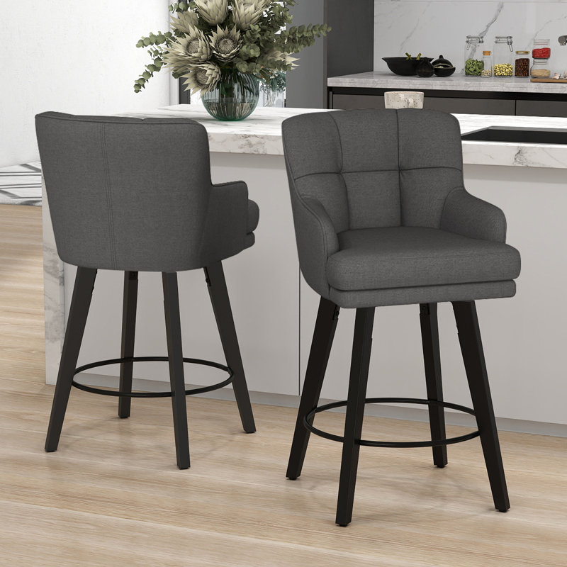 26''H Upholstered 360°Swivel Counter Height Bar Stools, Wood Legs Kitchen Island Chairs, Black Gray Seat/ Black Frame, 1