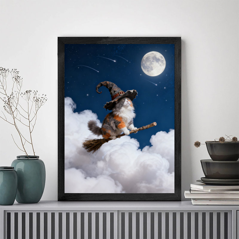 Art rétro de chat noir encadré noir avec chapeau de sorcière, impressions de style rétro, H 11 po x l 9 po
